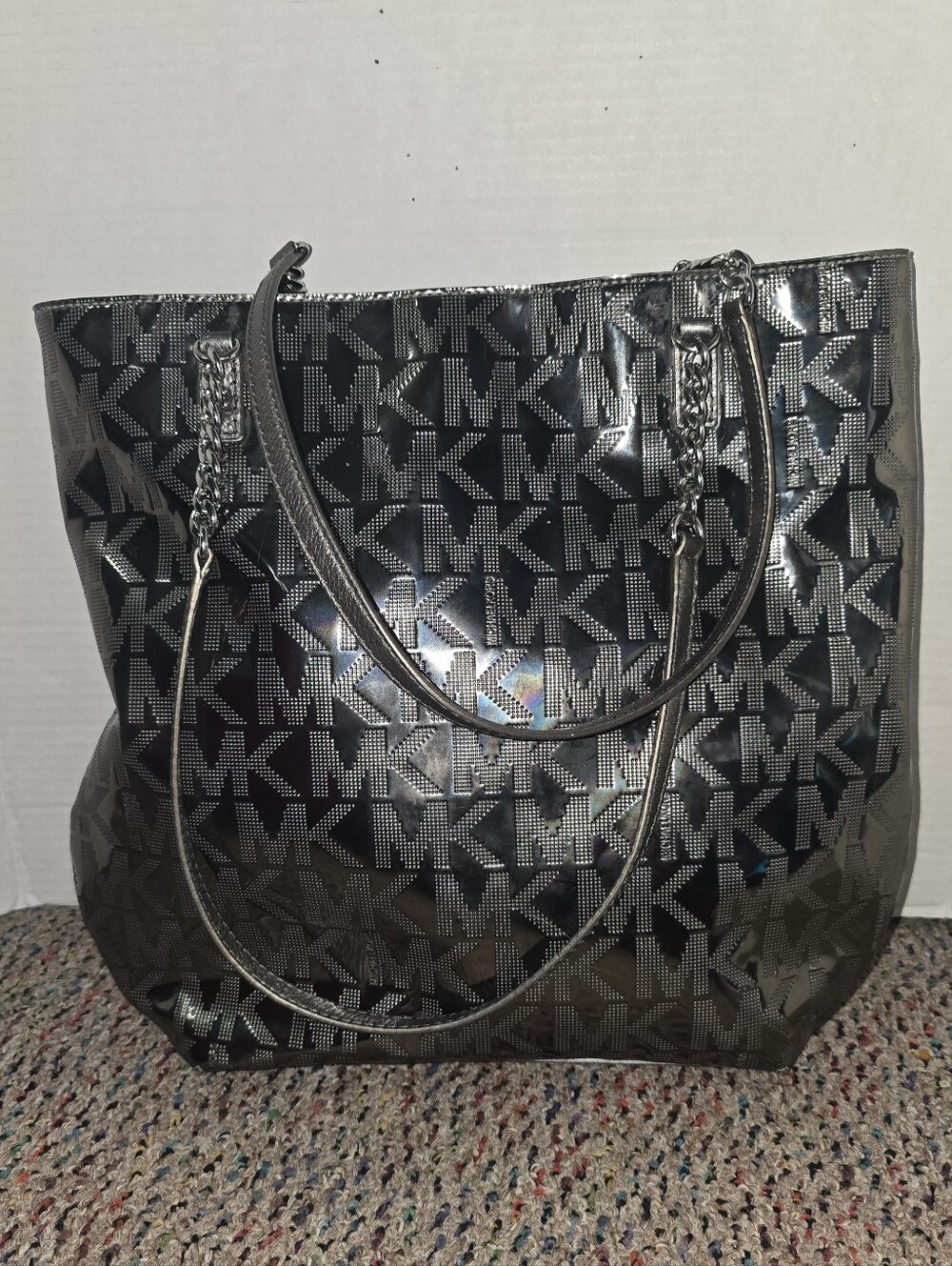 MK Gun Metal Silver Gray Logo Pattern Michael Kors Purse Tote Bag Chain Strap